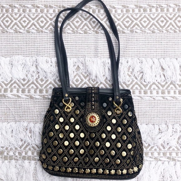 Handbags - Floral Studded Gold & Black Shoulder Purse